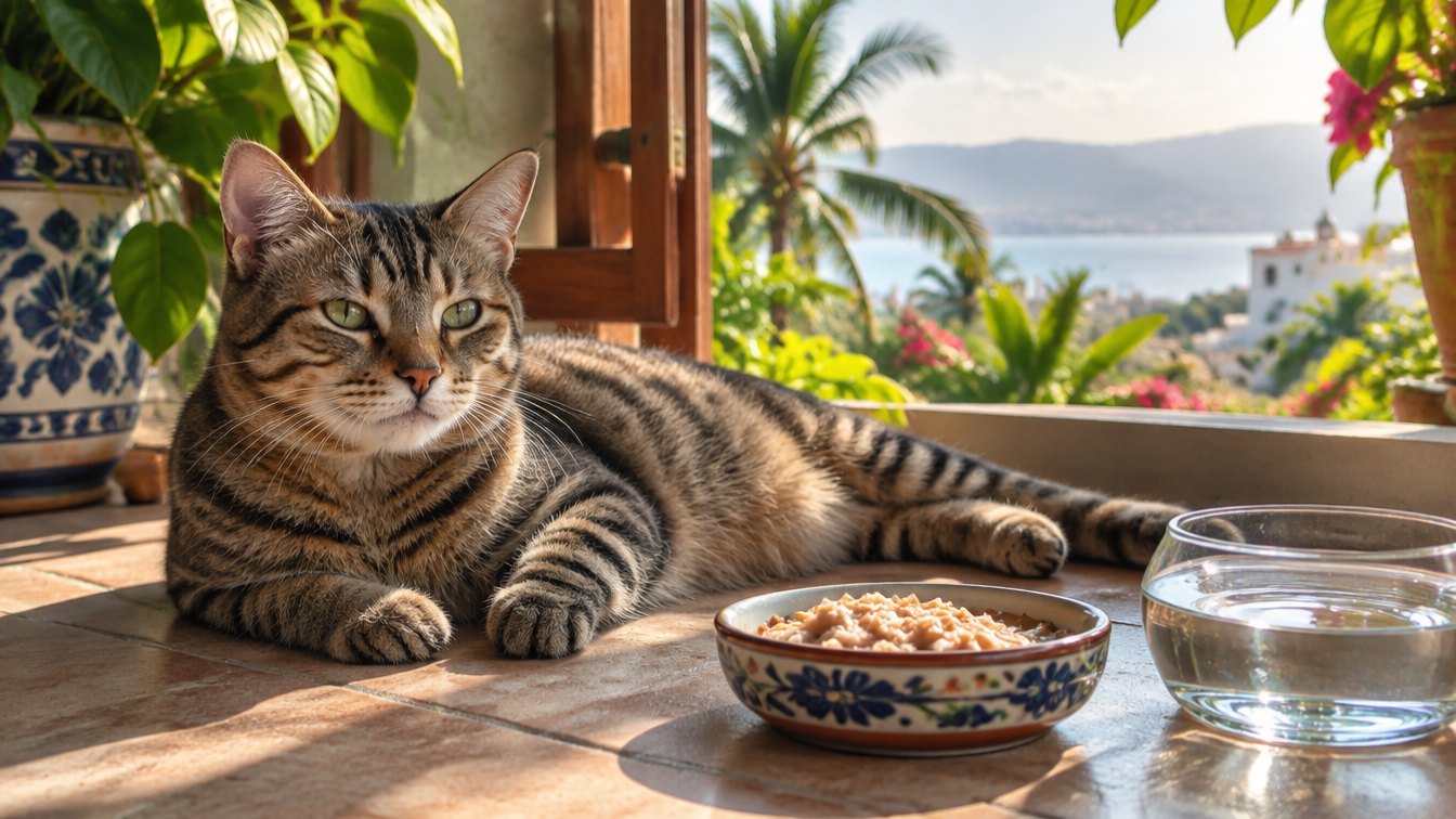 Tabby cat resting on a cool tiled floor next to a dish of fresh wet food and a water bowl in a Puerto Vallarta home