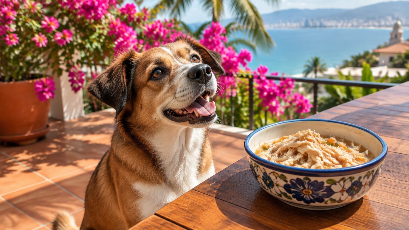 Happy dog on a sunny Puerto Vallarta terrace looking at a bowl of fresh homemade dog food
