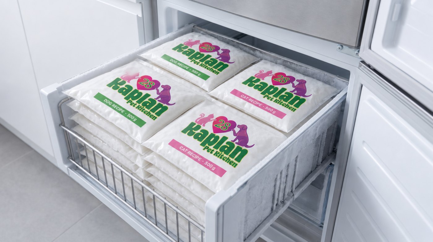 Kaplan Pet Kitchen bags stacked in a freezer drawer