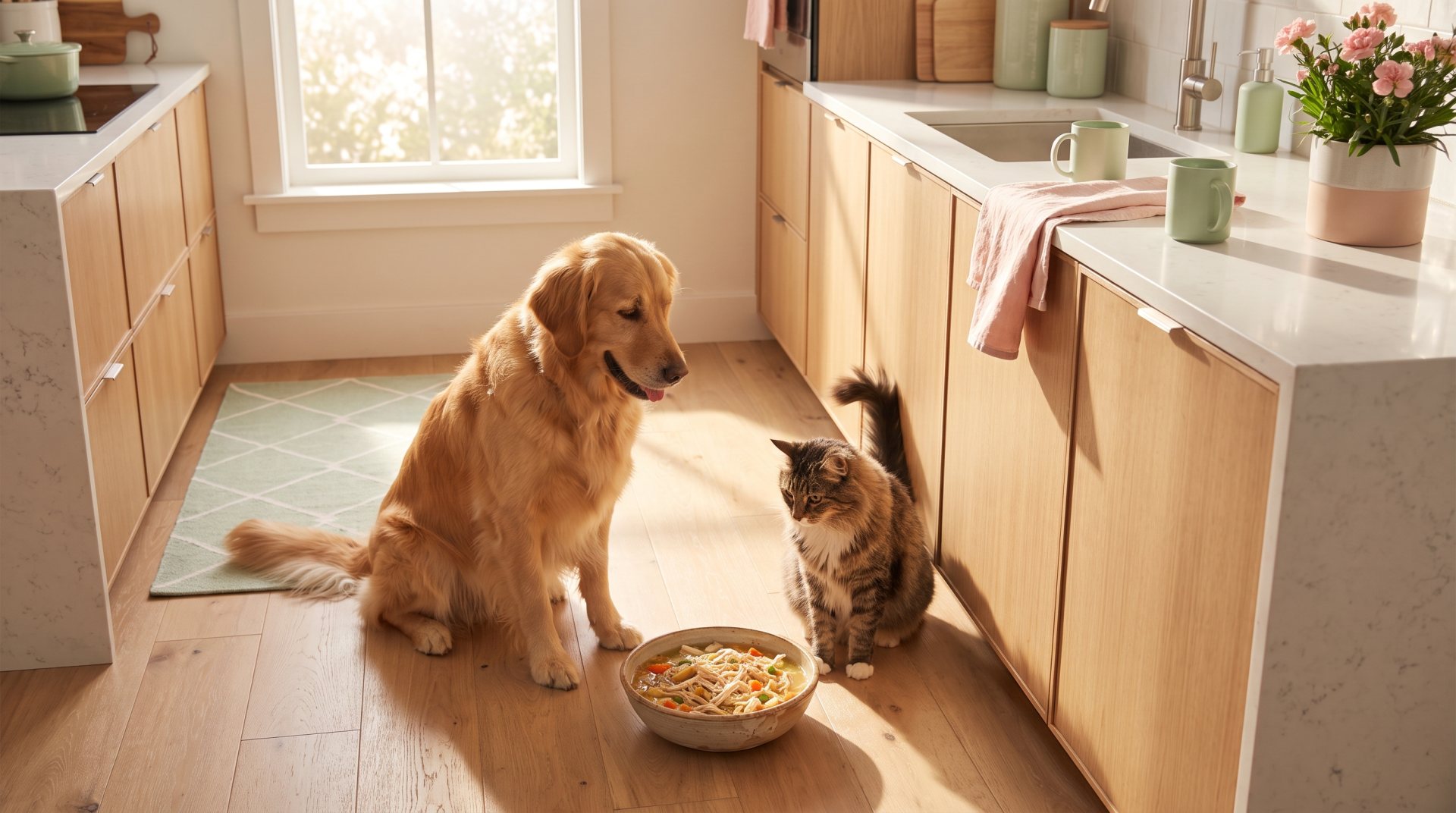 Happy dog and cat in front of a bowl of fresh Kaplan Pet Kitchen food, homemade in Puerto Vallarta