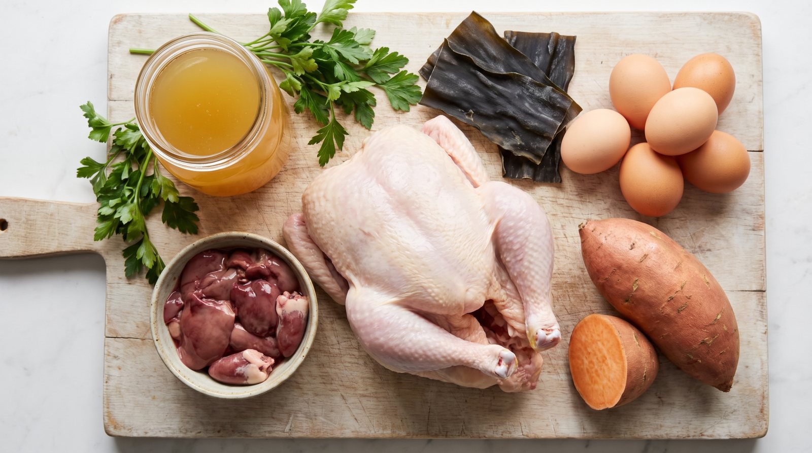 Whole chicken, organs, beef broth, eggs and sweet potato